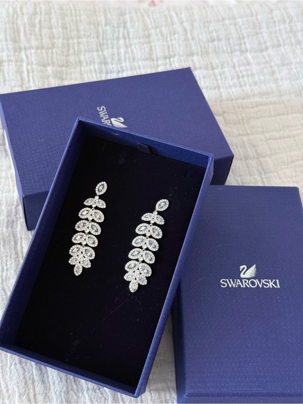 Swarovski Clear Crystal Leaf Drop Earrings in Silver Tone